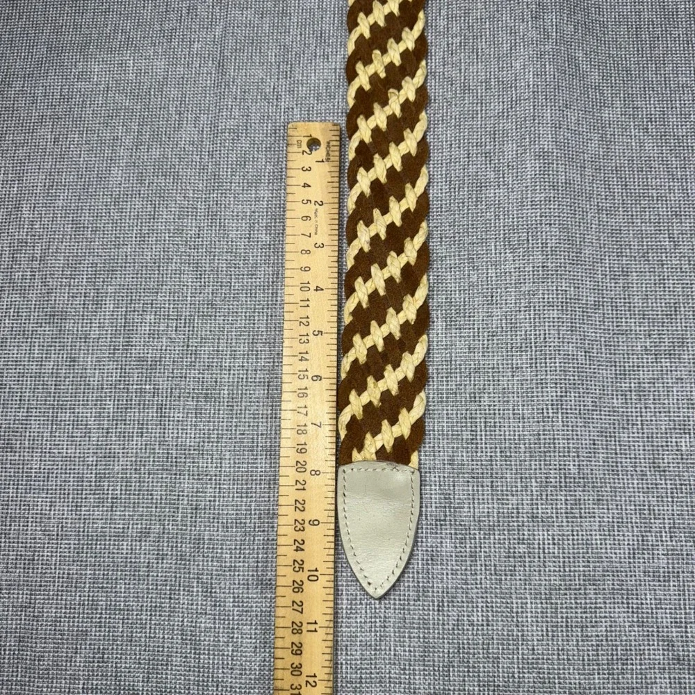 Free People Womens Braided Woven Belt Brown Cream Suede Leather Wood Buckle Boho